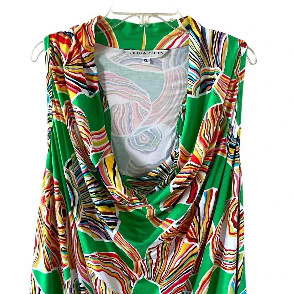 TRINA TURK Size XL Green Abstract Sleeveless Cowl Racerback Pullover Top USA NEW - Picture 5 of 5